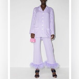 Sleeper Lilac Lavender Gingham Feather Trim Pajama Set - L